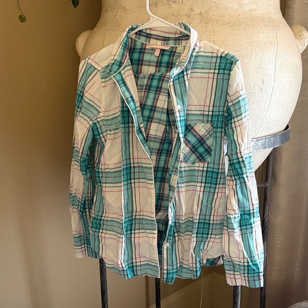 Victoria's Secret Teal and Pink Plaid Shirt and pants set
